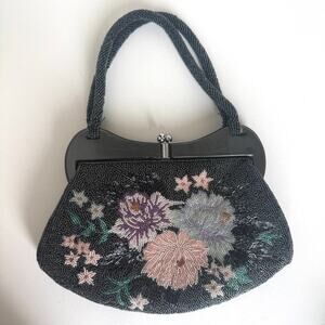 Vintage Black Floral Beaded Evening Bag Retro Glam 1950s Art Deco Collectible
